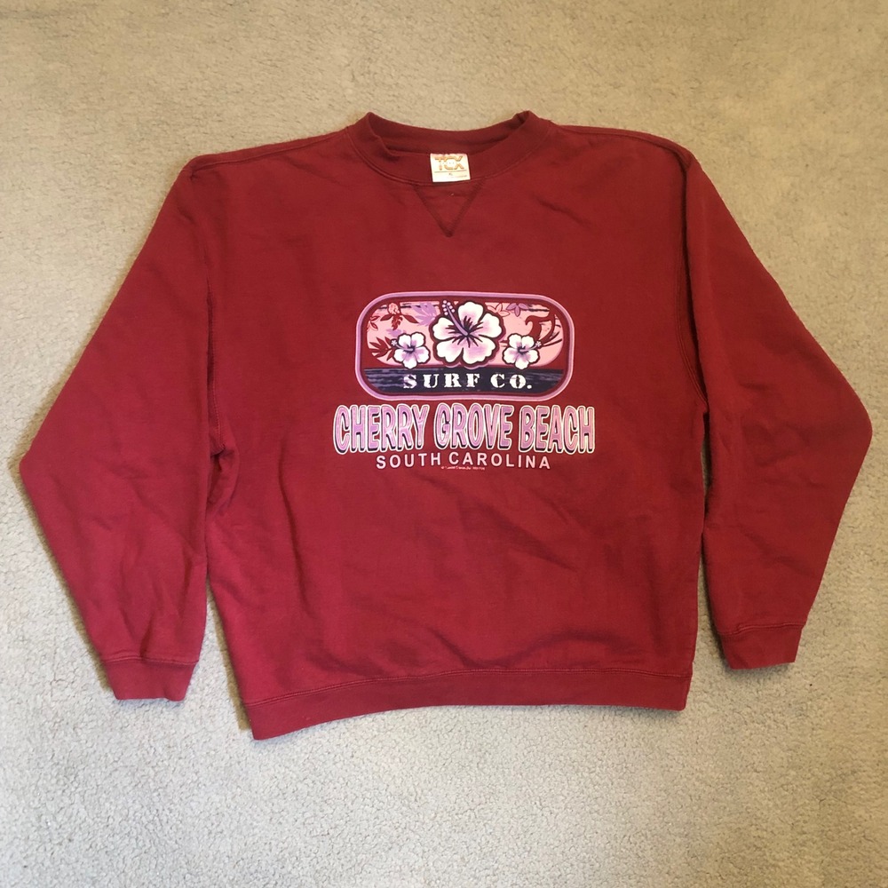Vtg Cherry Grove Beach SC Hibiscus Red Crewneck Sweatshirt XL Surf Vibes